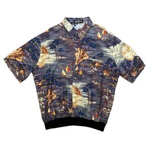 Vintage Alan Stuart Hawaiian Map Shirt Mens XL Button Up Banded Waist